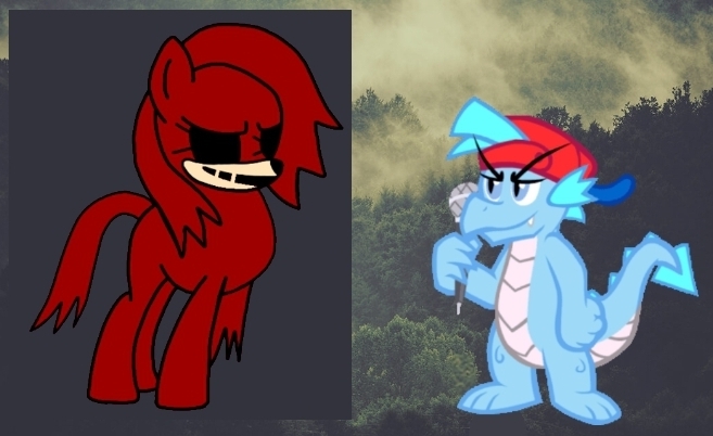 Size: 657x402 | Tagged: safe, artist:darlycatmake, derpibooru import, ponified, dragon, pony, boyfriend (friday night funkin), dragonified, friday night funkin', image, jpeg, knuckles exe, knuckles the echidna, ready to fight, sonic the hedgehog (series), species swap, triple trouble