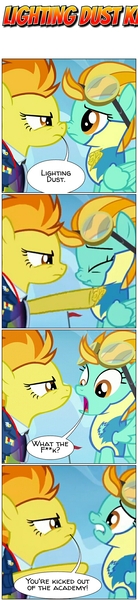 Size: 620x2701 | Tagged: safe, artist:alphagodzilla1985, derpibooru import, edit, edited screencap, screencap, lightning dust, spitfire, pegasus, pony, season 3, wonderbolts academy, angry, badge, clothes, cloud, comic, dialogue, female, flag, goggles, image, jpeg, kicked out, mare, shocked, sky, speech bubble, spitfire is not amused, spread wings, text, unamused, uniform, vulgar, wings, wonderbolt trainee uniform