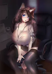 Size: 657x936 | Tagged: suggestive, artist:kiwanonii, derpibooru import, oc, unofficial characters only, anthro, pony, unicorn, anthro oc, big breasts, blue eyes, blushing, breasts, cleavage, clothes, coffee mug, commission, computer, female, huge breasts, image, laptop computer, looking at you, mare, mug, office, open mouth, png, shirt, skirt, socks, solo, solo female, stockings, thigh highs, thighs, ych result