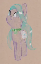 Size: 1529x2368 | Tagged: safe, artist:foxtrot3, derpibooru import, oc, oc:romdiel, crystal pony, bag, blue eyes, collar, image, jade bell, jpeg, saddle bag, slave, smiling