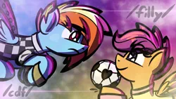Size: 1920x1080 | Tagged: safe, artist:ashtoneer, derpibooru import, rainbow dash, scootaloo, pegasus, pony, clothes, eye clipping through hair, female, filly, foal, football, frown, image, looking at each other, looking at someone, mare, png, smiling, sports, spread wings, text, torn ear, uniform, wings