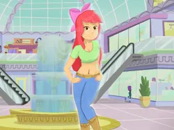 Size: 1285x964 | Tagged: safe, artist:theapplequeen1, derpibooru import, apple bloom, human, belly button, escalator, fountain, hand on hip, humanized, image, jpeg, looking at you, mall, older, smiling, teenage apple bloom