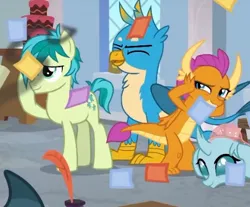 Size: 458x379 | Tagged: safe, derpibooru import, gallus, ocellus, sandbar, smolder, school daze, season 8, spoiler:s08, image, jpeg