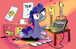 Size: 1874x1219 | Tagged: safe, artist:eveeyuwu, derpibooru import, oc, oc:saangosu, earth pony, pony, animated, carpet, chest fluff, computer, eye clipping through hair, guitar, image, jpeg, looking at you, microphone, musical instrument, piano, picture, sitting, sound, wires