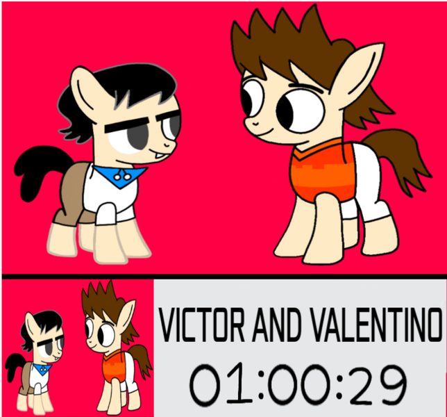 Size: 1501x1398 | Tagged: safe, artist:darlycatmake, derpibooru import, edit, ponified, earth pony, pony, brothers, countdown, duo, duo male, fanart, half-siblings, happy, image, jpeg, logo, logo edit, looking at each other, looking at someone, male, picture, premiere, promotional art, siblings, smiling, smiling at each other, victor and valentino