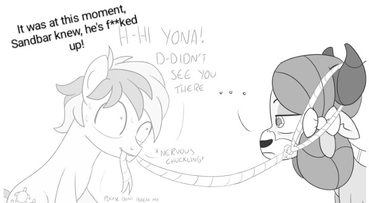 Size: 720x397 | Tagged: safe, artist:sintakhra, derpibooru import, edit, sandbar, yona, pony, yak, tumblr:studentsix, spoiler:comic, censored, censored vulgarity, descriptive noise, image, it was at this moment that he knew he fucked up, jpeg, lasso, mouth hold, rope, shrunken pupils, sweat, this will end in pain, this will end in pain and/or death, unamused, yona is not amused
