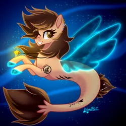 Size: 3000x3000 | Tagged: safe, artist:gabby-artista, derpibooru import, oc, unofficial characters only, pegasus, pony, seapony (g4), blue wings, brown mane, bubble, clothes, cute, digital art, dorsal fin, eyelashes, female, fin wings, fins, fish tail, flowing mane, flowing tail, gills, glow, high res, image, jewelry, looking at you, mare, necklace, ocean, one eye closed, png, seaponified, see-through, signature, smiling, solo, species swap, swimming, tail, teeth, underwater, water, wings, wink
