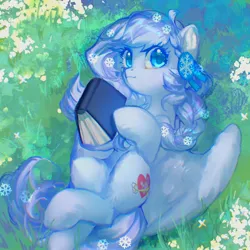 Size: 2048x2048 | Tagged: safe, artist:tingsan, derpibooru import, oc, unofficial characters only, pegasus, pony, blue eyes, blue mane, blue tail, book, ears, ears up, female, grass, grass field, image, jpeg, looking at you, mane, mare, solo, spread wings, tail, wings