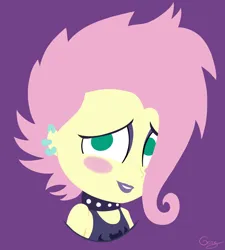 Size: 3194x3545 | Tagged: safe, artist:realgero, derpibooru import, fluttershy, equestria girls, equestria girls series, the road less scheduled, the road less scheduled: fluttershy, spoiler:eqg series (season 2), blush sticker, blushing, bust, choker, flutterpunk, image, looking at you, no pupils, png, purple background, simple background, smiling, solo, studded choker
