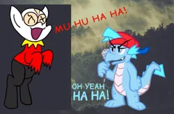 Size: 720x473 | Tagged: safe, artist:darlycatmake, derpibooru import, ponified, dragon, pony, boyfriend (friday night funkin), dialogue, doctor eggman, dragonified, friday night funkin', image, jpeg, laughing, open mouth, ready to fight, robotnik exe, sonic the hedgehog (series), species swap, text, triple trouble