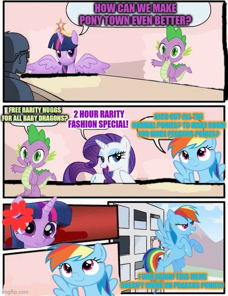 Size: 500x649 | Tagged: safe, derpibooru import, rainbow dash, rarity, spike, twilight sparkle, twilight sparkle (alicorn), alicorn, dragon, pegasus, pony, unicorn, blushing, comic, cross-popping veins, dialogue, employer meme, exploitable meme, eyeshadow, female, flying, frown, horn, image, imgflip, jpeg, kicked out, makeup, male, mare, meme, multicolored hair, rainbow hair, smiling, speech bubble, spread wings, text, wings