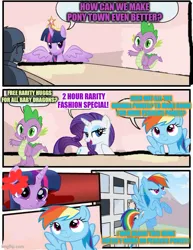Size: 500x649 | Tagged: safe, derpibooru import, rainbow dash, rarity, spike, twilight sparkle, twilight sparkle (alicorn), alicorn, dragon, pegasus, pony, unicorn, blushing, comic, cross-popping veins, dialogue, employer meme, exploitable meme, eyeshadow, female, flying, frown, horn, image, imgflip, jpeg, kicked out, makeup, male, mare, meme, multicolored hair, rainbow hair, smiling, speech bubble, spread wings, text, wings