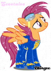 Size: 289x400 | Tagged: safe, artist:grandilfromponychan, derpibooru import, edit, scootaloo, pegasus, pony, animated, blingee, clothes, exploitable meme, female, gif, goggles, image, mare, meme, older, older scootaloo, simple background, smiling, sparkles, spread wings, text, uniform, white background, wings, wonderbolts, wonderbolts uniform
