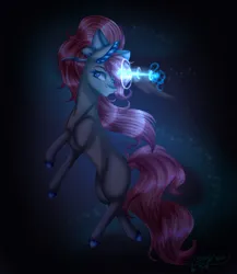 Size: 3250x3750 | Tagged: safe, artist:gabby-artista, derpibooru import, oc, unofficial characters only, pony, unicorn, art trade, blue eyes, colored pupils, crepuscular rays, dark, digital art, ear fluff, eyelashes, female, flowing mane, flowing tail, glow, glowing horn, horn, image, magic, mare, ocean, pink mane, pink tail, png, ribbon, signature, solo, speedpaint, swimming, tail, underwater, water