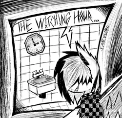 Size: 1010x979 | Tagged: safe, artist:xxv4mp_g4z3rxx, derpibooru import, oc, oc:violet valium, unofficial characters only, bat pony, pony, 3am, bat pony oc, bat wings, bathroom, black and white, clock, clothes, emo, female, grayscale, hair covering face, hoodie, image, mare, monochrome, png, sharp teeth, signature, sink, smiling, solo, speech bubble, spread wings, teeth, wings