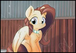 Size: 2073x1462 | Tagged: safe, artist:ando, derpibooru import, fluttershy, pegasus, pony, female, harbor, image, jewelry, mare, necklace, pearl necklace, png, sitting, solo, wall
