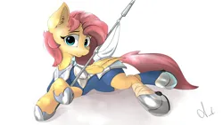 Size: 1920x1080 | Tagged: safe, artist:ando, derpibooru import, fluttershy, pegasus, pony, armor, hoof shoes, image, lying down, png, polearm, prone, solo, weapon