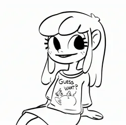 Size: 2621x2597 | Tagged: safe, artist:tjpones, derpibooru import, apple bloom, bird, chicken, human, anus, black and white, butt, clothes, female, freckles, grayscale, humanized, image, jpeg, monochrome, nudity, shirt, simple background, simplistic anus, sketch, solo, white background