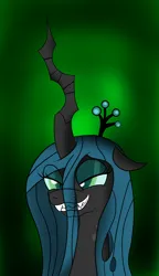 Size: 1024x1776 | Tagged: safe, artist:lunahazacookie, derpibooru import, queen chrysalis, changeling, changeling queen, bust, colored, evil grin, eye clipping through hair, female, grin, image, png, smiling, solo