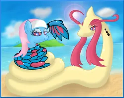 Size: 2709x2156 | Tagged: safe, artist:kinipharian, derpibooru import, lotus blossom, earth pony, milotic, pony, beach, coils, crossover, duo, female, hypno eyes, image, kaa eyes, mare, outdoors, png, pokémon, smiling