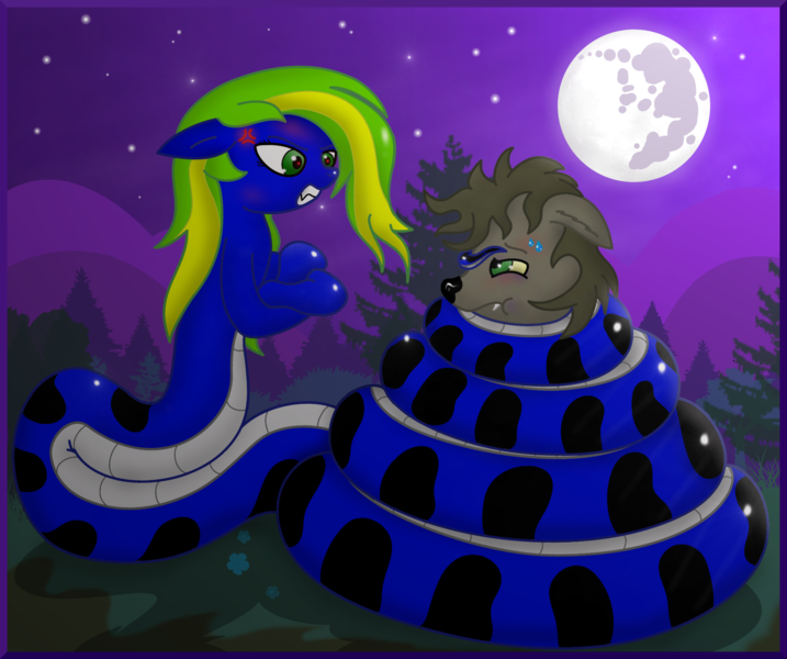 Size: 3056x2556 | Tagged: safe, artist:kinipharian, derpibooru import, oc, unofficial characters only, lamia, original species, pony, were-pony, angry, coils, duo, forest, full moon, gritted teeth, image, mare in the moon, moon, night, outdoors, png, stars, teeth, tree