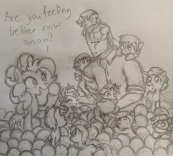 Size: 2351x2117 | Tagged: safe, artist:kabayo, derpibooru import, pinkie pie, oc, oc:anon, earth pony, human, pegasus, pony, unicorn, ball pit, colt, dialogue, female, filly, foal, human male, human oc, image, jpeg, male, mare, open mouth, open smile, pencil drawing, sitting, smiling, talking, traditional art