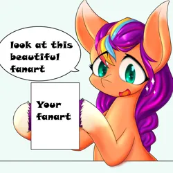 Size: 4096x4096 | Tagged: safe, artist:zemlya, derpibooru import, sunny starscout, earth pony, pony, coat markings, eye clipping through hair, female, g5, hoof hold, image, jpeg, looking at something, mare, meme template, open mouth, open smile, simple background, smiling, socks (coat marking), sparkles, speech bubble, subtitles, template, text, white background