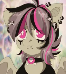 Size: 2500x2800 | Tagged: safe, artist:etoz, derpibooru import, oc, oc:gravel shine, unofficial characters only, bat pony, pony, '90s, 90s anime, angry, bat pony oc, bat wings, bust, choker, clothes, collar, cute, ear piercing, earring, emo, eyebrows, fangs, image, jewelry, makeup, male, piercing, png, portrait, retro, shirt, stallion, style emulation, t-shirt, tsundere, white pupils, wings