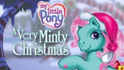 Size: 1280x720 | Tagged: safe, derpibooru import, minty, earth pony, pony, a very minty christmas, christmas, g3, hat, holiday, image, jpeg, looking at you, my little pony logo, santa hat, smiling, tree
