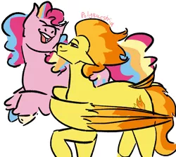 Size: 1063x945 | Tagged: safe, artist:lieutenantcactus, derpibooru import, pinkie pie, spitfire, earth pony, pegasus, pony, eyes closed, female, image, lesbian, mare, open mouth, png, pronking, shipping, smiling, spitpie