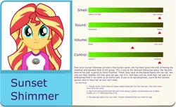 Size: 3000x1825 | Tagged: safe, derpibooru import, edit, sunset shimmer, equestria girls, camp everfree outfits, eqg profiles, fart, fart profiles, image, implied farting, looking at you, png, solo, statistics