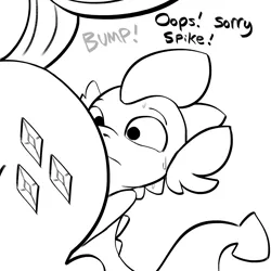 Size: 2250x2250 | Tagged: suggestive, artist:tjpones, derpibooru import, rarity, spike, dragon, pony, unicorn, black and white, bump, butt, dialogue, faceless female, female, grayscale, image, male, mare, monochrome, offscreen character, plot, png, rearity, shipping, simple background, sparity, straight, sweat, white background