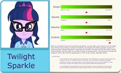 Size: 3000x1825 | Tagged: safe, derpibooru import, edit, sci-twi, twilight sparkle, equestria girls, camp everfree outfits, eqg profiles, fart, fart profiles, image, implied farting, looking at you, png, solo, statistics