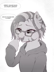 Size: 1748x2338 | Tagged: safe, artist:evomanaphy, derpibooru import, oc, oc:nishati, zebra, bully, bullying, clothes, dialogue, glasses, hoodie, image, offscreen character, png, solo, speech bubble