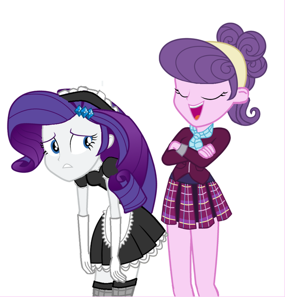 Size: 1038x1082 | Tagged: safe, artist:swiftgaiathebrony, derpibooru import, rarity, suri polomare, equestria girls, blackmail, clothes, image, maid, png