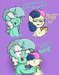 Size: 3234x4064 | Tagged: safe, artist:background basset, derpibooru import, bon bon, lyra heartstrings, sweetie drops, earth pony, pony, unicorn, bags under eyes, bloodshot eyes, bust, coffee mug, dialogue, duo, duo female, female, floppy ears, hand, image, mug, open mouth, png, shocked, shocked expression, simple background, text, tired, tired eyes, wat