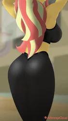 Size: 3240x5760 | Tagged: suggestive, artist:a-strange-cloud, derpibooru import, sunset shimmer, equestria girls, arms in the air, ass, breasts, bunset shimmer, busty sunset shimmer, butt, butt focus, clothes, fit, fitness, from behind, image, jpeg, pants, rearboob, skintight clothes, spandex, sports bra, stupid sexy sunset shimmer, workout outfit, yoga pants