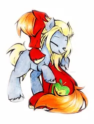 Size: 1551x2048 | Tagged: safe, artist:liaaqila, derpibooru import, big macintosh, oc, earth pony, pony, cute, duo, earth pony oc, hug, image, jpeg, simple background, unshorn fetlocks, white background