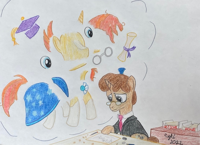 Size: 3966x2887 | Tagged: safe, derpibooru import, sunburst, oc, oc:fair use, pony, unicorn, atg 2022, diploma, drawing, graduation cap, hat, image, jpeg, male, modular, newbie artist training grounds, paper, stallion, traditional art