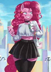 Size: 1754x2480 | Tagged: safe, artist:nire, derpibooru import, pinkie pie, anthro, bag, belly button, big breasts, breasts, choker, city, clothes, cloud, cup, curly hair, curvy, drink, ear piercing, earring, eyelashes, eyeliner, eyeshadow, female, image, jewelry, lamppost, lipstick, looking away, makeup, manehattan, midriff, nail polish, phone, piercing, png, skirt, smiling, socks, solo, stockings, sweater, thigh highs, thighs, thunder thighs, zettai ryouiki