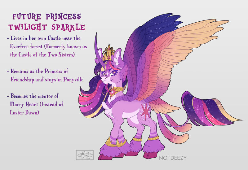 Size: 1920x1317 | Tagged: safe, artist:sakishithewolf, twilight sparkle, twilight sparkle (alicorn), alicorn, pony, alternate design, cheek fluff, chest fluff, cloven hooves, coat markings, colored hooves, colored wings, crown, curved horn, ear fluff, ethereal mane, facial hair, facial markings, feathered ears, female, goatee, gradient wings, headcanon, hoof fluff, horn, image, jewelry, jpeg, leonine tail, looking at you, mare, pale belly, redesign, regalia, simple background, solo, speedpaint available, star (coat marking), tail feathers, text, twitterina design, wings