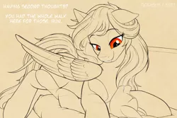 Size: 1280x853 | Tagged: suggestive, artist:suspega, derpibooru import, oc, oc:anon, oc:holley, unofficial characters only, earth pony, pegasus, pony, anonpony, bedroom eyes, couch, derpibooru exclusive, dialogue, eye clipping through hair, eyebrows, eyebrows visible through hair, fangs, female, female on top, grin, image, larger female, looking down, lying down, male, monochrome, neo noir, nervous, nervous grin, no eyes, on back, partial color, pegasus oc, pinned, pinned down, png, prone, simple background, size difference, sketch, smaller male, smiling, tan background, wings