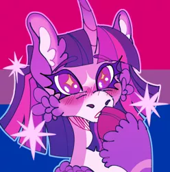 Size: 540x545 | Tagged: safe, artist:sakishithewolf, twilight sparkle, alicorn, pony, alternate design, bisexual pride flag, blushing, cheek fluff, cloven hooves, colored hooves, curved horn, ear fluff, facial markings, female, hoof fluff, horn, icon, image, mare, no pupils, png, pride, pride flag, solo, star (coat marking), twitterina design