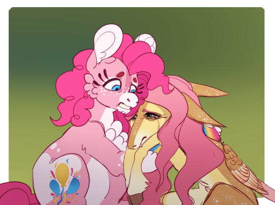 Size: 540x402 | Tagged: safe, artist:sakishithewolf, fluttershy, pinkie pie, earth pony, pegasus, pony, alternate design, chest fluff, coat markings, colored hooves, comforting, crying, duo, duo female, ear fluff, facial markings, female, folded wings, freckles, gradient background, green background, hug, image, mare, png, sad, simple background, twitterina design, wings