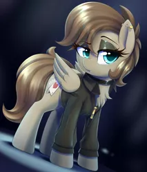 Size: 3400x4000 | Tagged: safe, artist:thebatfang, derpibooru import, oc, oc:toffee scotch, pegasus, pony, choker, clothes, ear piercing, eyeshadow, female, image, jacket, jewelry, lidded eyes, looking at you, makeup, mare, piercing, png, solo