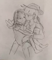 Size: 640x743 | Tagged: safe, artist:snowzaaah, derpibooru import, applejack, rainbow dash, human, appledash, appledashdailydoodles, doodle, female, humanized, image, jpeg, lesbian, monochrome, pencil drawing, shipping, sketch, traditional art