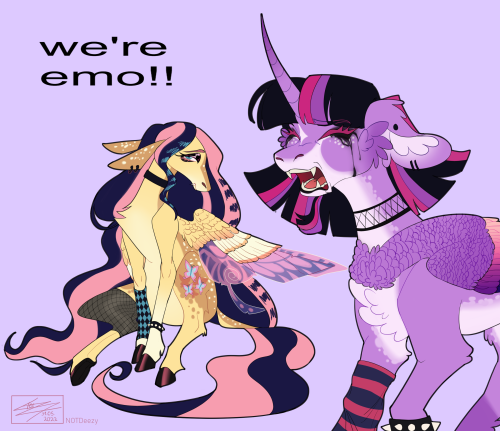 Size: 500x431 | Tagged: safe, artist:sakishithewolf, fluttershy, twilight sparkle, alicorn, pegasus, pony, alternate design, butterfly wings, chest fluff, clothes, colored hooves, colored wings, crying, duo, dyed mane, ear piercing, emo, emoshy, eyes closed, facial markings, fangs, female, fishnet clothing, floppy ears, hybrid wings, image, leg warmers, makeup, mare, meme, multicolored wings, open mouth, piercing, png, purple background, running makeup, simple background, sitting, standing, text, twitterina design, we're emo, wings, wristband