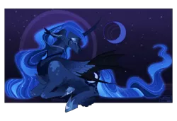 Size: 500x342 | Tagged: safe, artist:sakishithewolf, princess luna, alicorn, bat pony, pony, alternate design, bat ponified, coat markings, curved horn, ear tufts, ethereal mane, eyes closed, feathered fetlocks, female, hoof shoes, horn, hybrid wings, image, jewelry, lying down, mare, moon, night, night sky, png, regalia, sad, sky, solo, speedpaint available, stars, twitterina design, wings