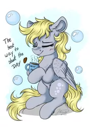 Size: 2894x4093 | Tagged: safe, artist:julunis14, derpibooru import, derpy hooves, pegasus, pony, bubble, coffee, coffee mug, eyes closed, hoof hold, image, mug, png, sitting, solo