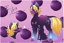 Size: 1800x1200 | Tagged: safe, artist:catboycrimez, derpibooru import, oc, oc:purple plum, unofficial characters only, pony, unicorn, eye clipping through hair, eyebrows, eyebrows visible through hair, horn, image, male, png, reference sheet, signature, smiling, solo, stallion, unicorn oc